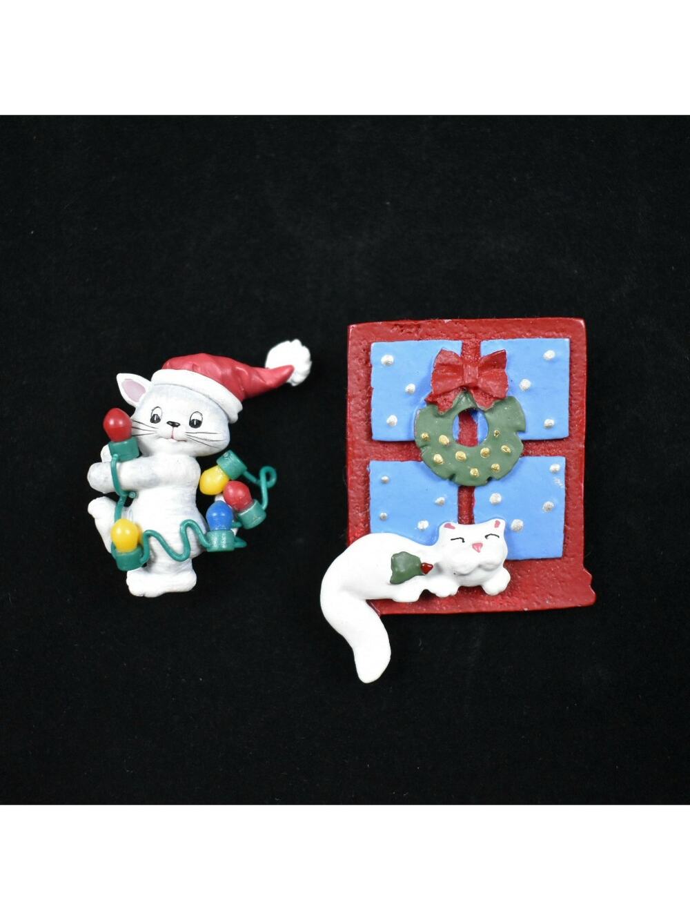 Vintage Christmas White Kitty Cat Brooch Pin Lot Retro Holiday Animal Jewelry